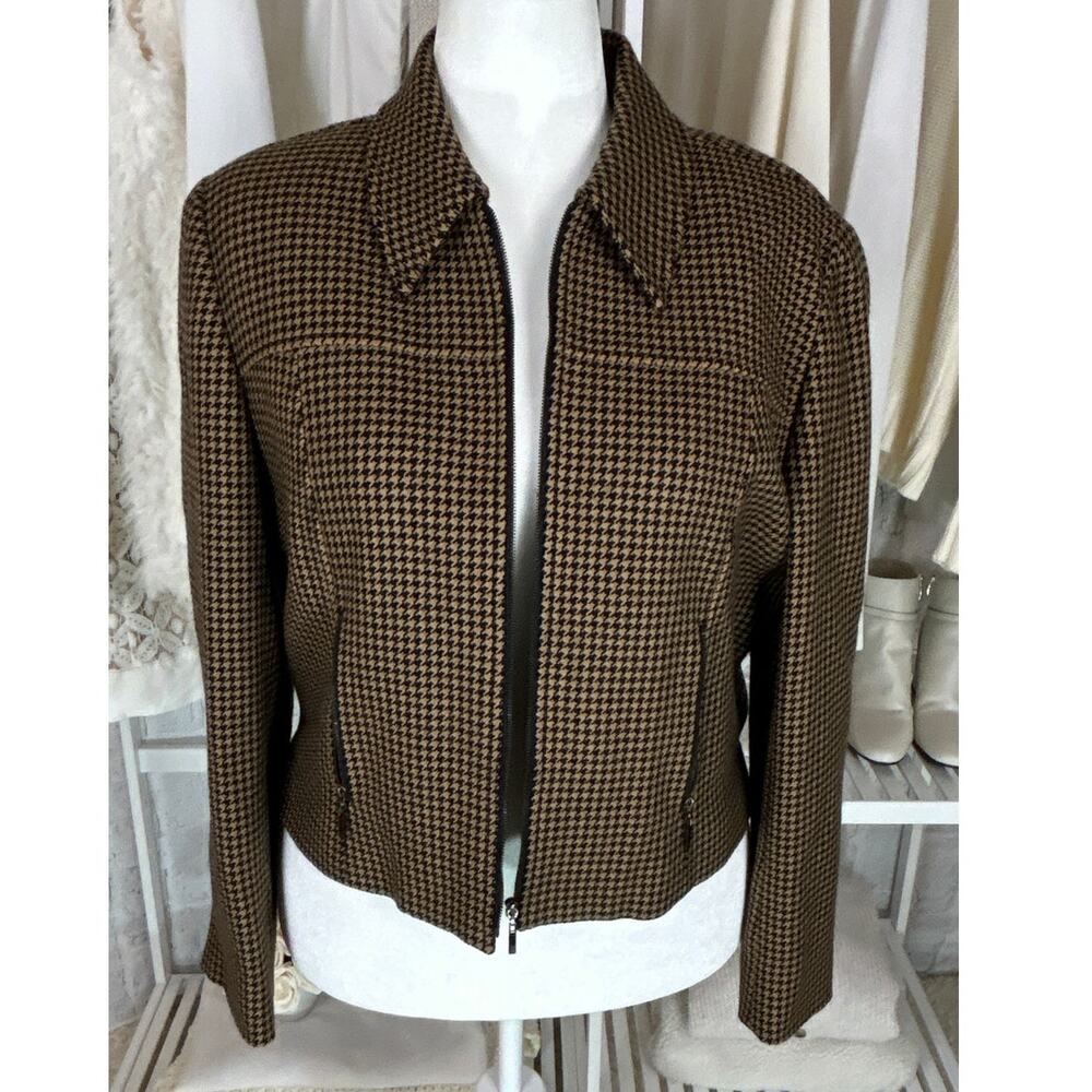 Carlisle Womens Sz 16 100% Wool Lined Black & Tan Houndstooth Zip Up Jacket 0616